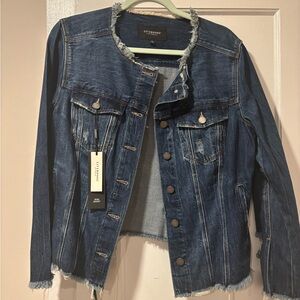 Liverpool Blue Cropped Jean Collarless Jacket Distressed